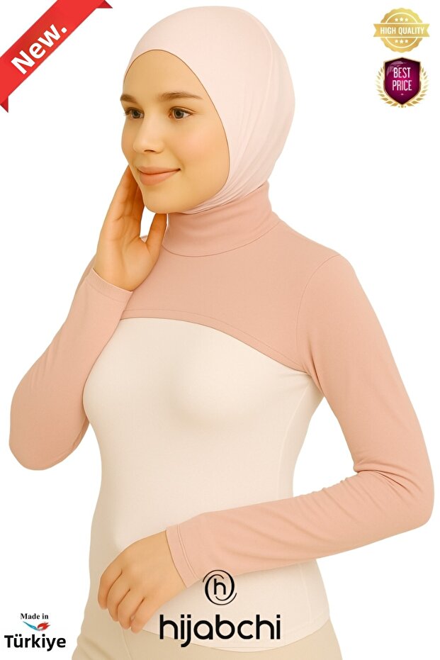 Neck Collar Sleeves Hijab - Turtleneck Viscose Stretch Fabric - Powder