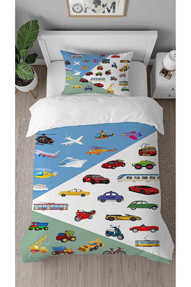 Airplane Car Train Ship Patterned Digital Printed Sheetless Single Child Stylish Duvet Cover Set