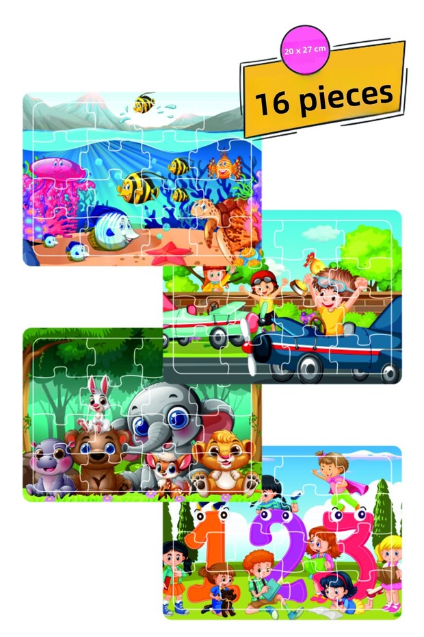 Cute Animals, Fish, Kids Race, Fun Figures 16 Piece Wooden Puzzlejigsaw Puzzle Set of 4