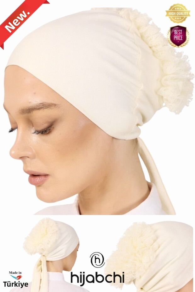 Ruffled Bun Bonnet - Stitched on the Front - Combed Cotton Fabric - Ecru