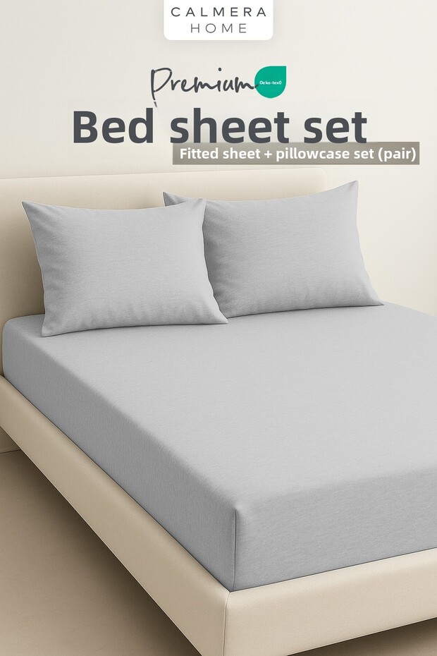 100% Cotton Combed Elastic Fitted Sheet Set + 2 Pillowcases | Double/King Size - Light Grey