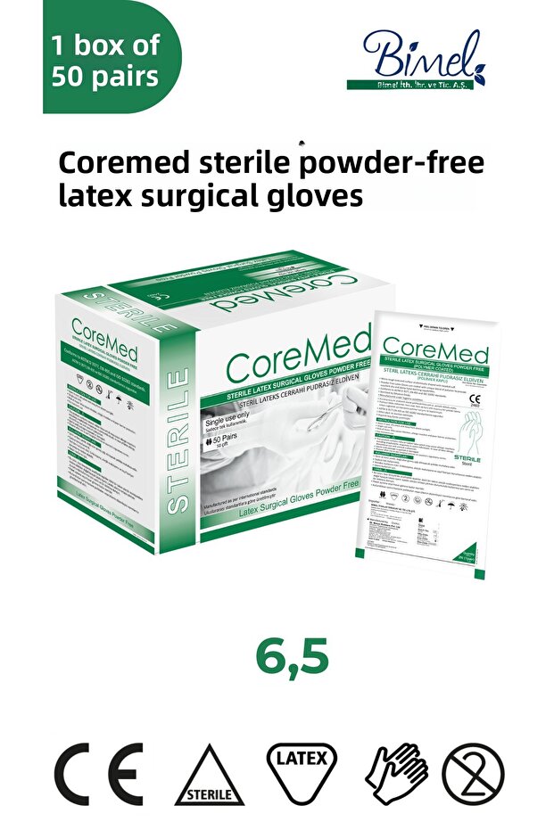 Coremed Sterile Surgical Latex Powder-Free Gloves Size 6.5 50 Pairs