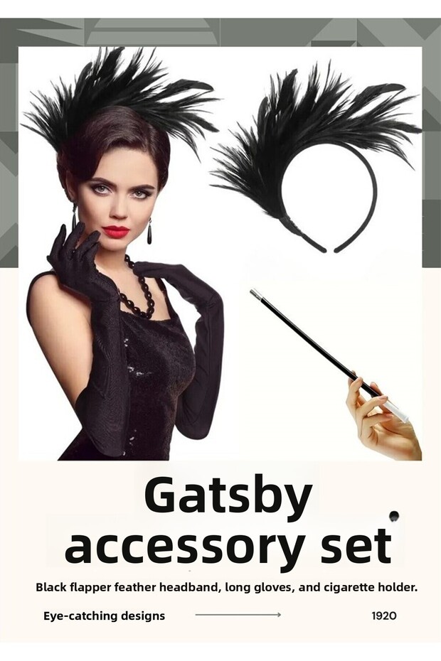 1920S Triple Gatsby Accessory Set- Black Flapper Feather Headband, Long Gloves, Cigarette Holder