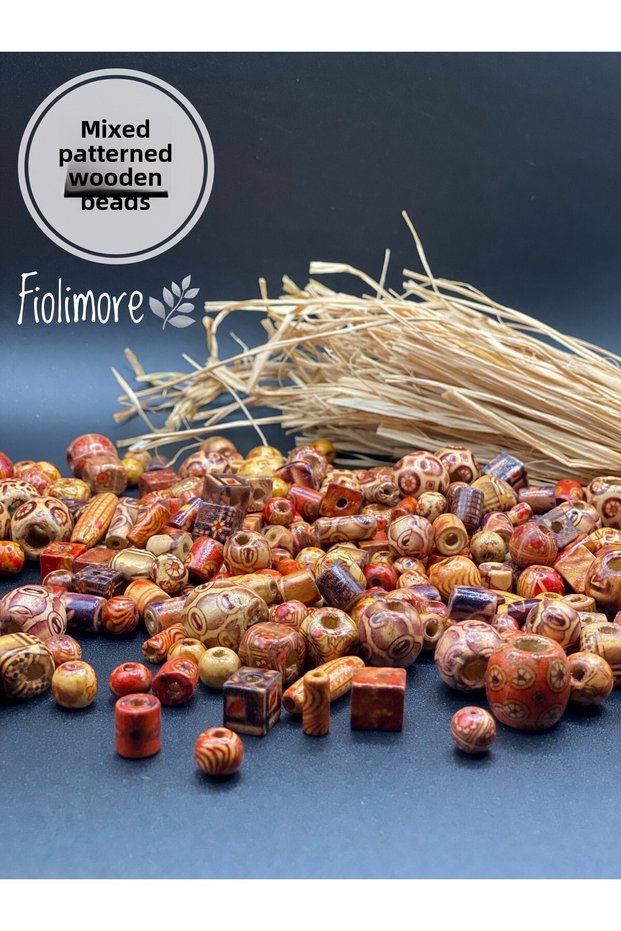 Wooden Beads (50 Grams 70-80 Pieces) Different Patterns-Different Sizes-Mixed-Board-Accessories-Colored-Variety
