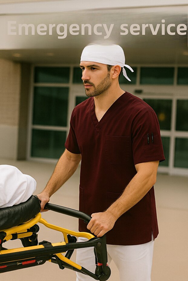 Set of 2 Men's Emergency Paramedic Workers Medical Uniform Single Top Scrubs White Surgical Cap with Gift