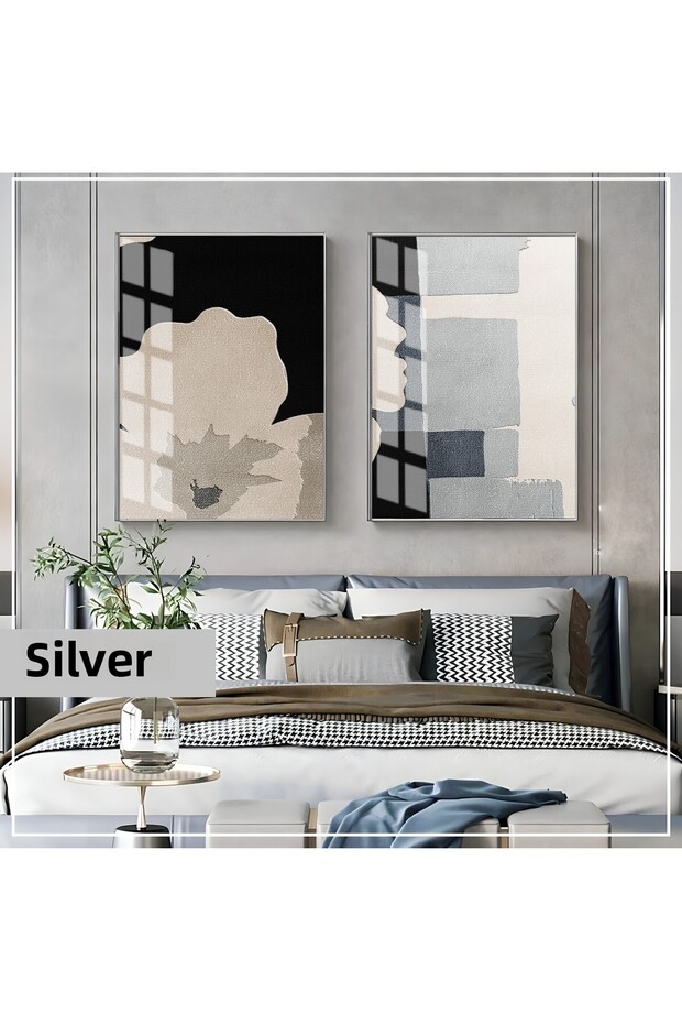 Amazing | Abstract | Black-Ekruv Abstract Combi̇n 01 | Framed Glass Table 2 Pieces Vertical