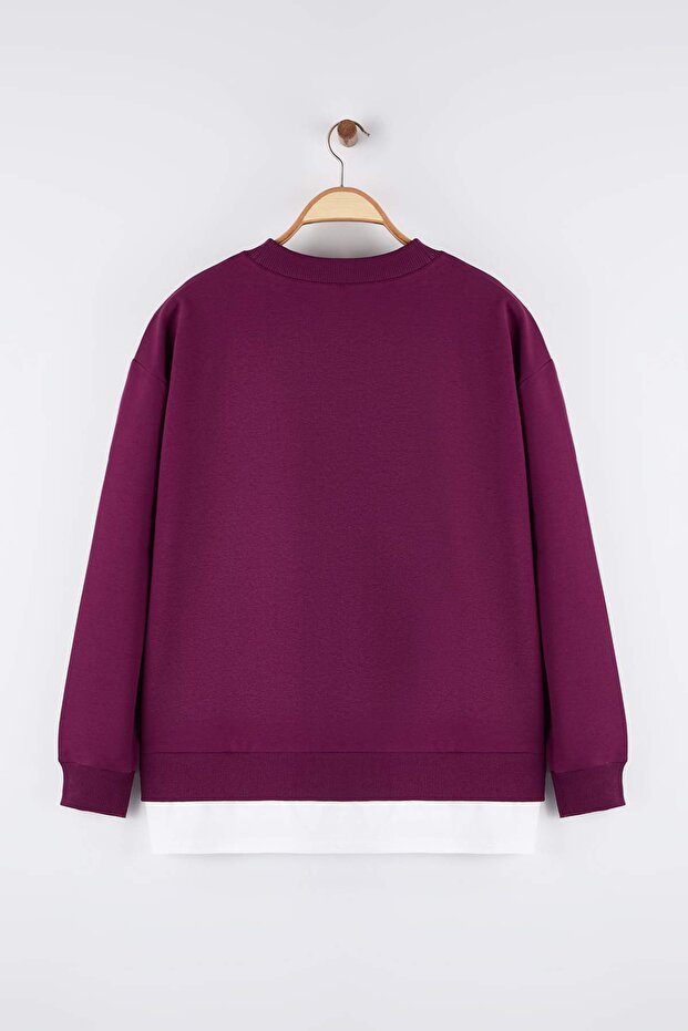 Mürdüm Alttan T-Shirt Çıkma Görünümlü İnce Örme Büyük Beden Sweatshirt TBBAW23AO00023 - 8