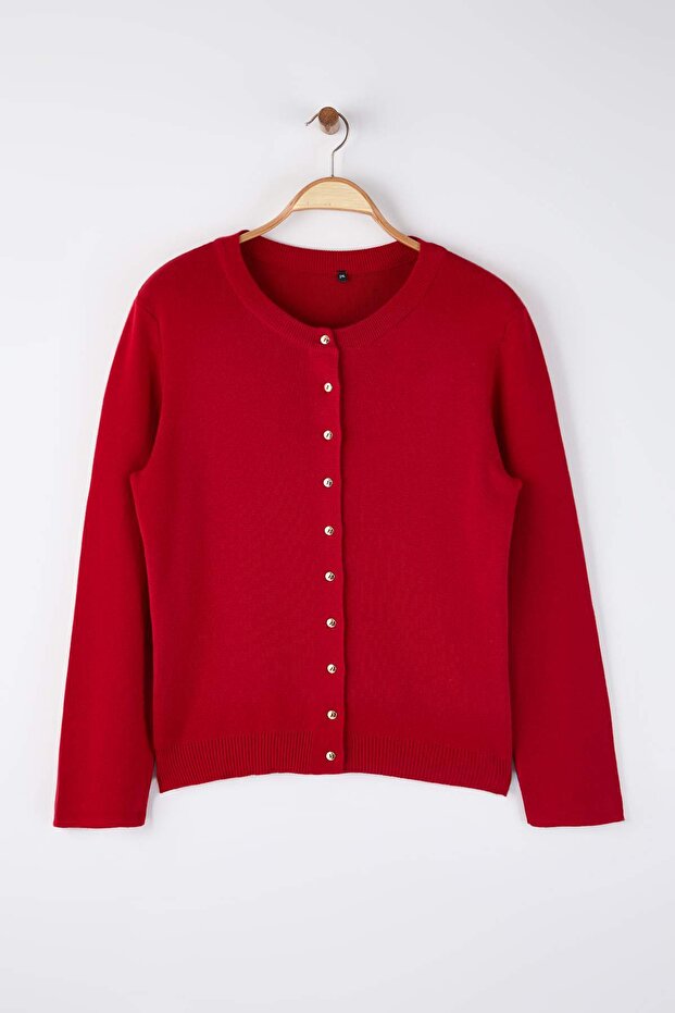 Wardrobe Essentials Kırmızı Düğme Detaylı Pamuklu Basic Triko Hırka TBBAW26AV00042 - 5