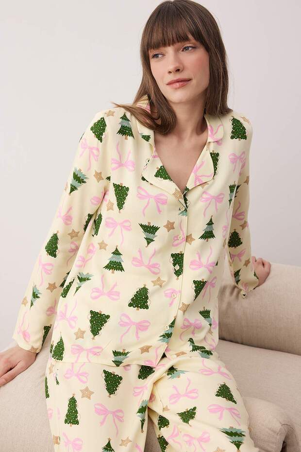 Ekru Yılbaşı Belmando Dokuma Pijama Takımı THMAW26PT00060 - 1