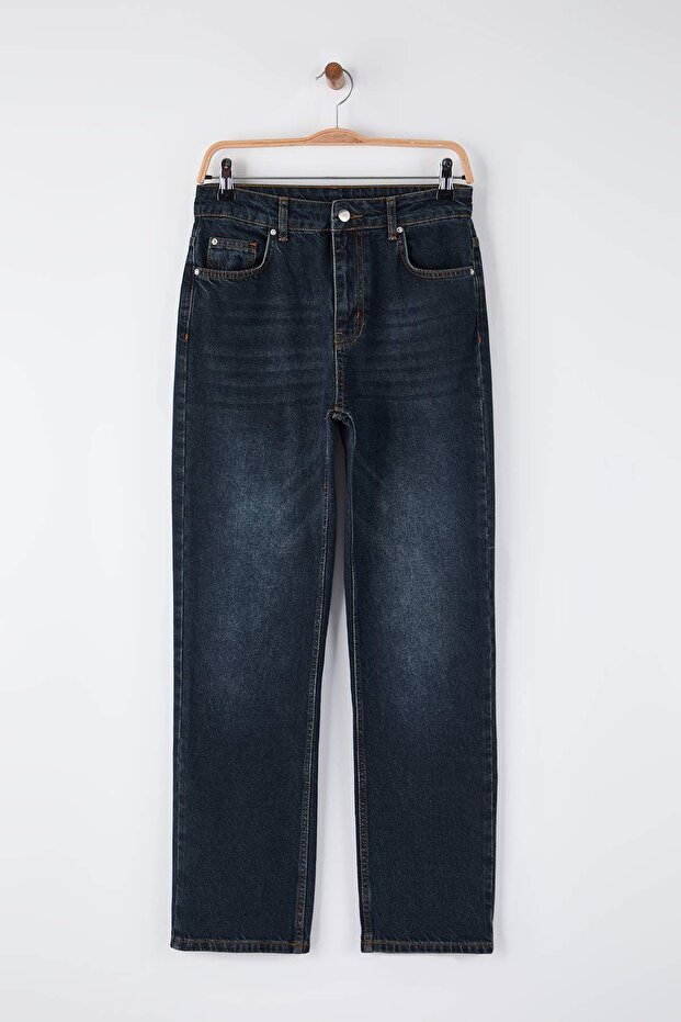 Koyu Mavi Yüksek Bel Straight/Düz Paça Jeans TWOAW26JE00182 - 5