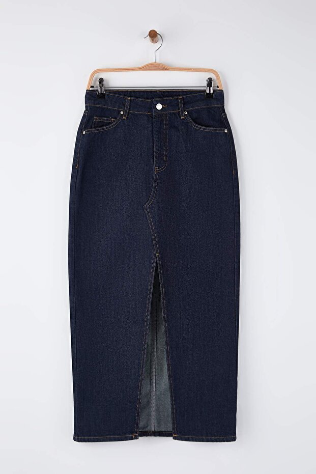Koyu Mavi Yırtmaçlı Maxi Denim Etek TWOAW26ET00144 - 6