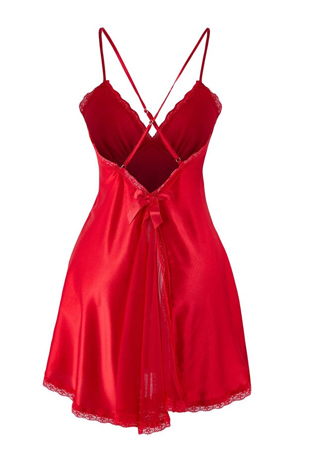 Kırmızı Yırtmaçlı Tül ve Dantel Detaylı Saten Kapsız Askılı Babydoll/Fantezi Gecelik THMAW26CY00003 - 6