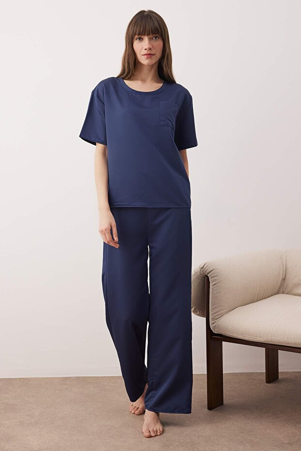 Lacivert Mat Saten Dokuma Pijama Takımı THMAW26PT00032 - 2