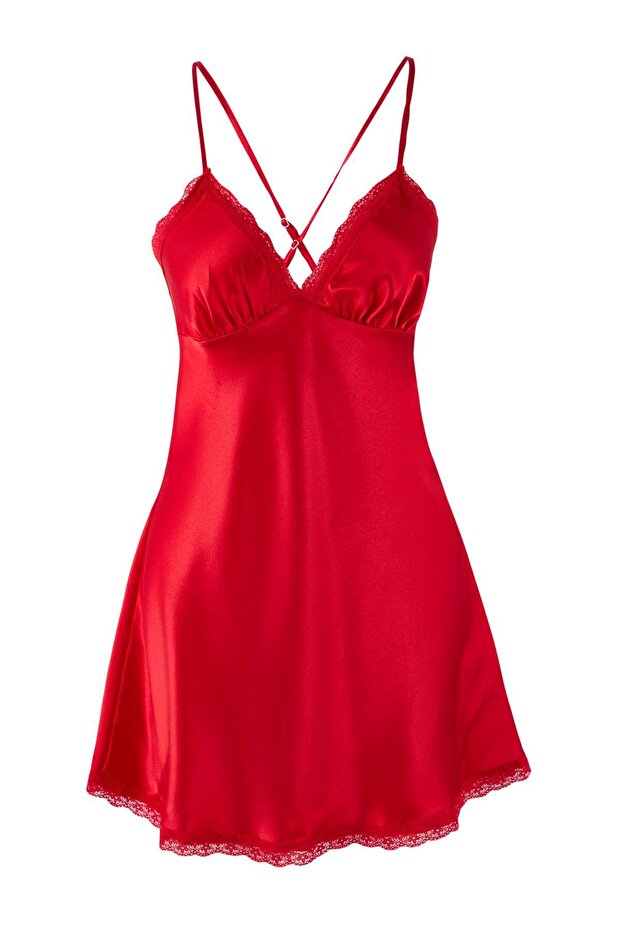 Kırmızı Yırtmaçlı Tül ve Dantel Detaylı Saten Kapsız Askılı Babydoll/Fantezi Gecelik THMAW26CY00003 - 5