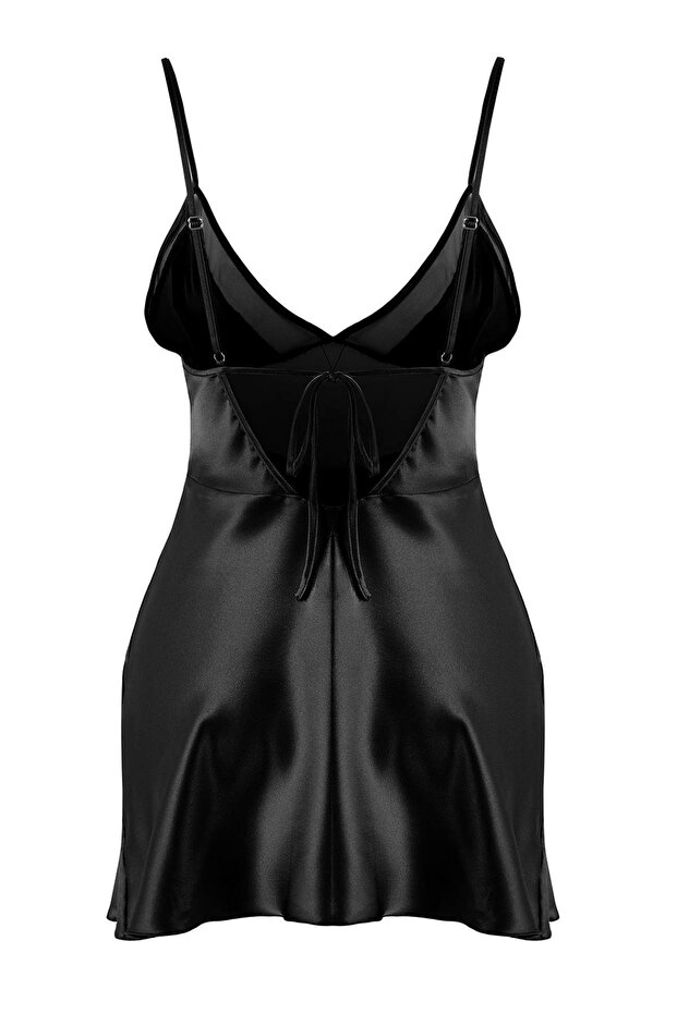 Siyah Tül/Mesh ve Sırt Detaylı Kapsız Askılı Saten Babydoll/Fantezi Gecelik THMAW26CY00005 - 7