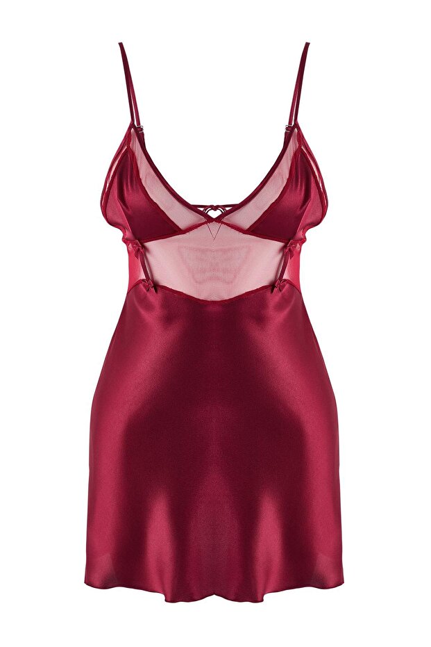 Bordo Tül/Mesh ve Sırt Detaylı Kapsız Askılı Saten Babydoll/Fantezi Gecelik THMAW26CY00005 - 5