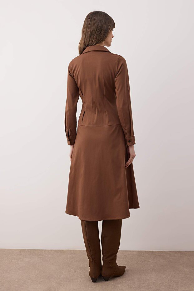 Kahverengi Düğme Detaylı Midi Dokuma Gömlek Elbise TWOAW26EL00264 - 5