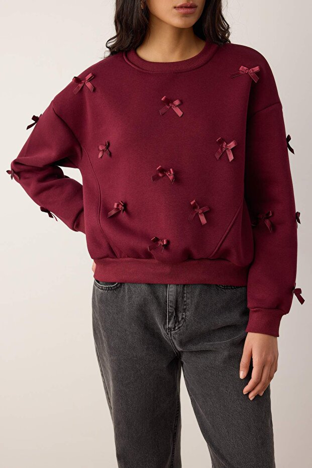 Bordo Kurdele Detaylı Kalın İçi Polarlı Örme Sweatshirt TWOAW26SW00240 - 3
