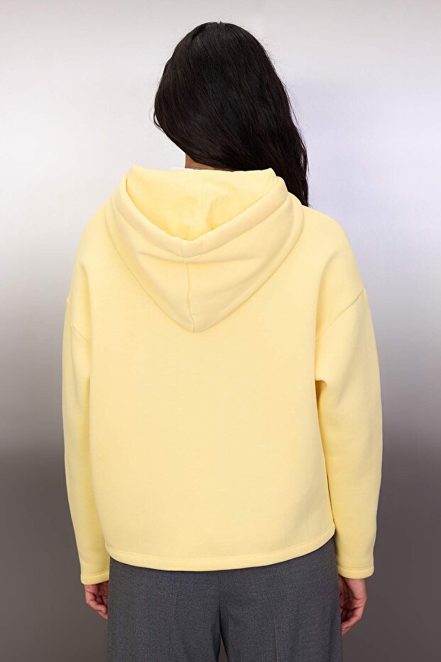 Açık Sarı Kalın İçi Polarlı Kapüşonlu Fermuarlı Oversize/Geniş Kesim Örme Sweatshirt TWOAW26SW00111 - 4