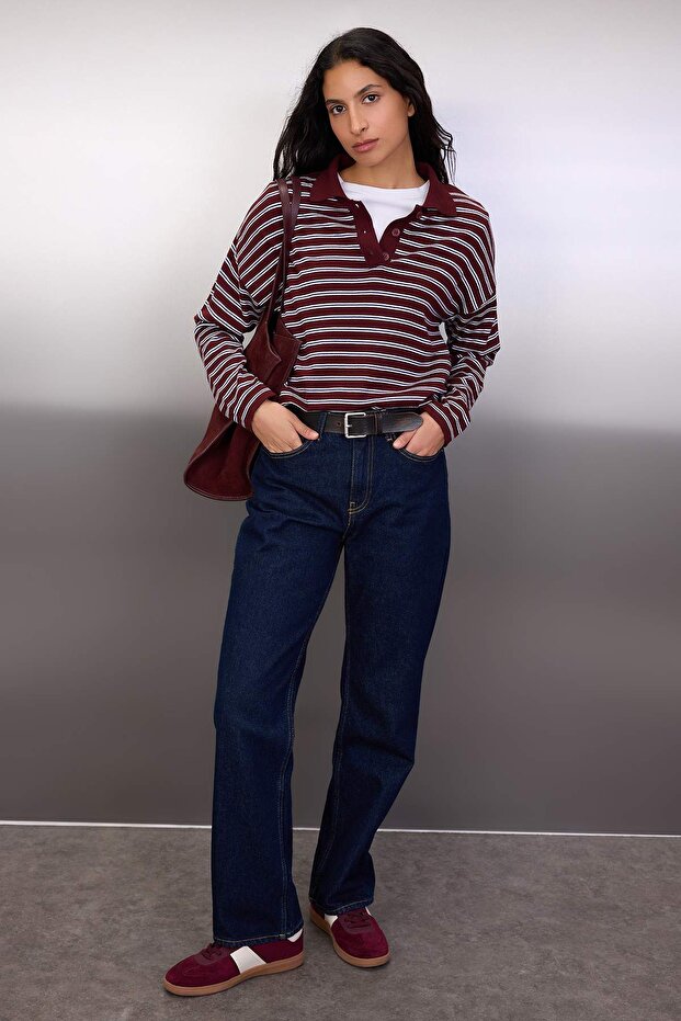 Wardrobe Essentials Mürdüm Premium İplik/Özel İplikli Geniş Kalıp Çizgili Triko Kazak TWOAW26KZ0019 - 1