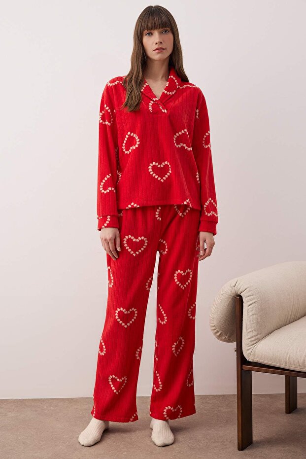 Kırmızı Kalpli Polar Kışlık Örme Pijama Takımı THMAW25PT00058 - 3