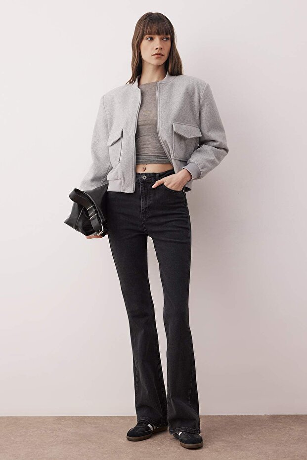 Antrasit Yüksek Bel Comfort/Esnek Flare Jeans TWOAW25JE00096 - 5
