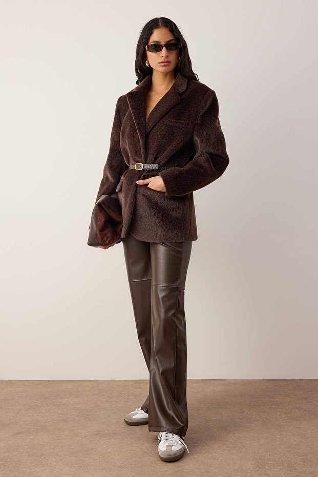 Kahverengi Kemerli Tüylü Kaşe Regular/Normal Kalıp Blazer Blazer Ceket TWOAW26BC00041 - 5