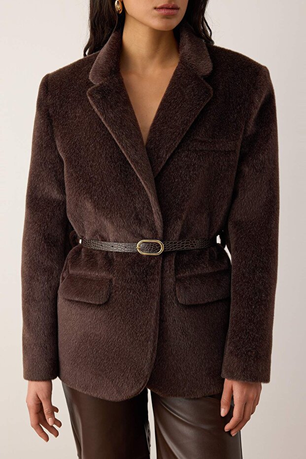 Kahverengi Kemerli Tüylü Kaşe Regular/Normal Kalıp Blazer Blazer Ceket TWOAW26BC00041 - 6