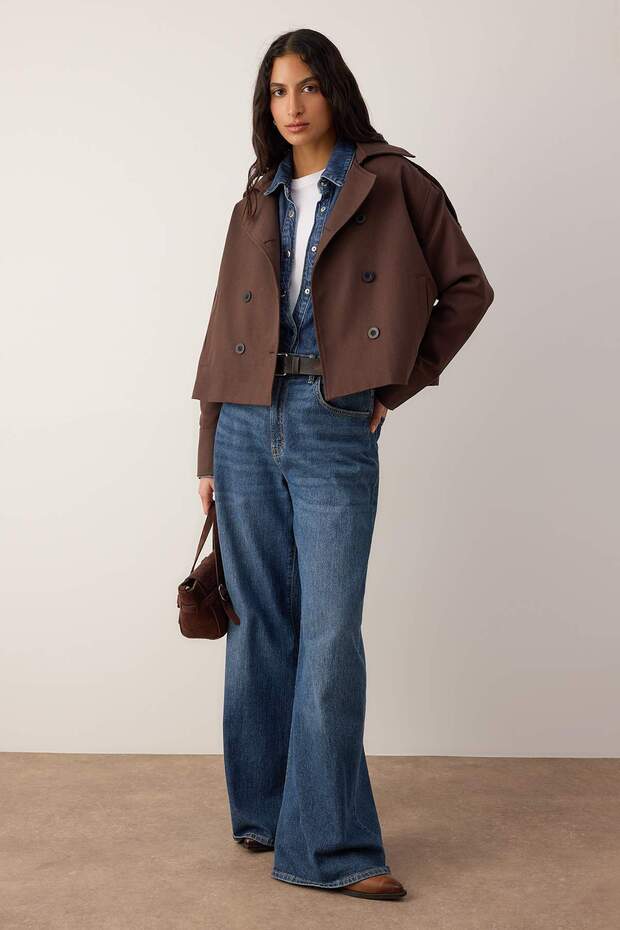 Koyu Kahverengi Kruvaze Oversize Kısa Trençkot TWOAW26TR00020 - 2