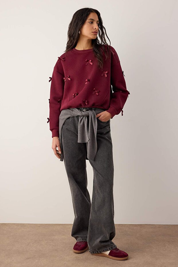 Bordo Kurdele Detaylı Kalın İçi Polarlı Örme Sweatshirt TWOAW26SW00240 - 2