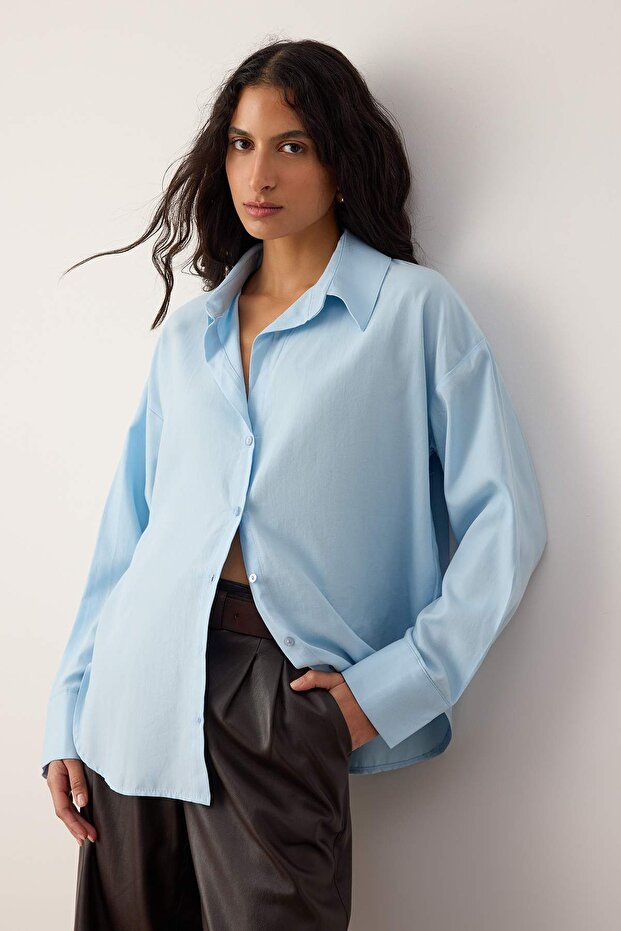 Açık Mavi Oxford Geniş/Oversize Kalıp Gömlek TWOAW26GO00121 - 2