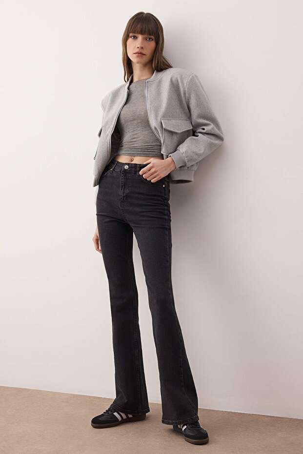 Antrasit Yüksek Bel Comfort/Esnek Flare Jeans TWOAW25JE00096 - 6