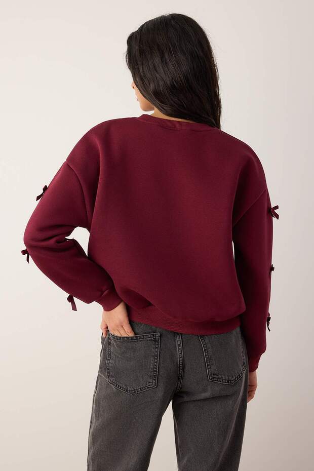 Bordo Kurdele Detaylı Kalın İçi Polarlı Örme Sweatshirt TWOAW26SW00240 - 4