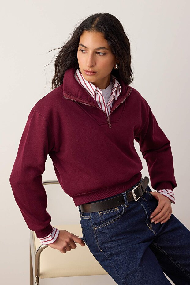 Bordo Kalın İçi Polarlı Dik Yaka Yarım Pat Fermuarı Crop Örme Sweatshirt TWOAW26SW00233 - 2