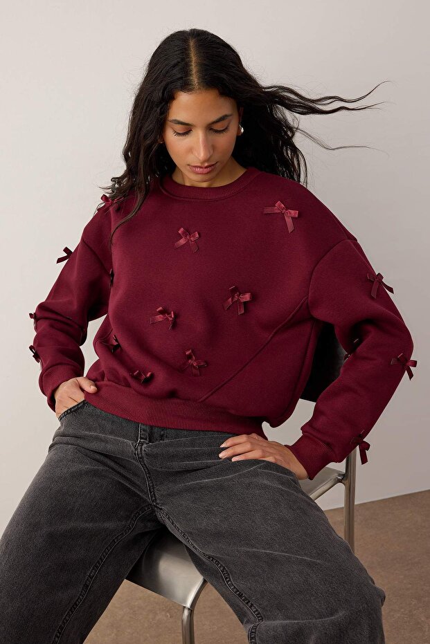 Bordo Kurdele Detaylı Kalın İçi Polarlı Örme Sweatshirt TWOAW26SW00240 - 1