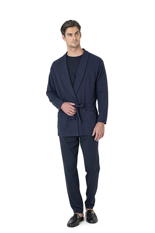 5640 Men's Navy Blue Knitwear Pajama Set with Robe, 5 Pieces