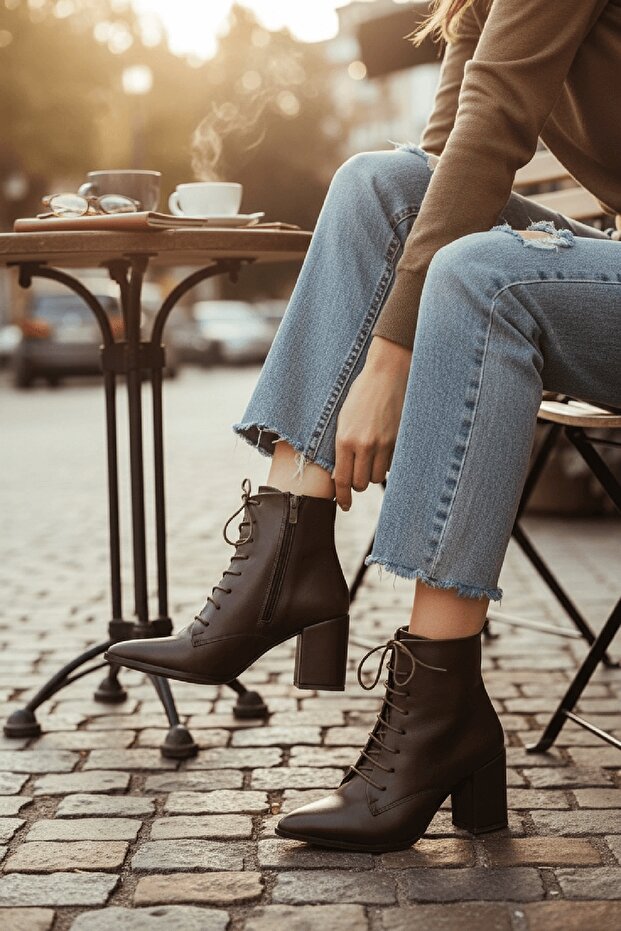 Eliz Brown Pointed Toe (7CM) Heeled Lace-Up Daily Women's Boots