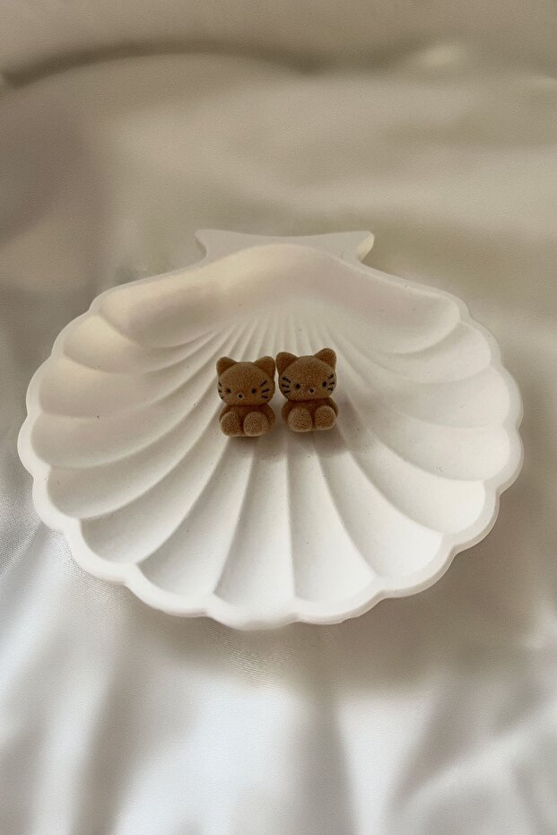 أقراط قطة قطيفة باللون البيج - 2