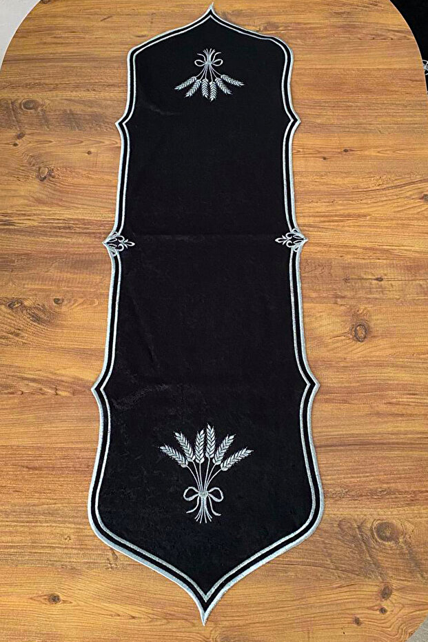 Başak Kadife Özel Nakışlı Runner-Siyah/Gri - 5
