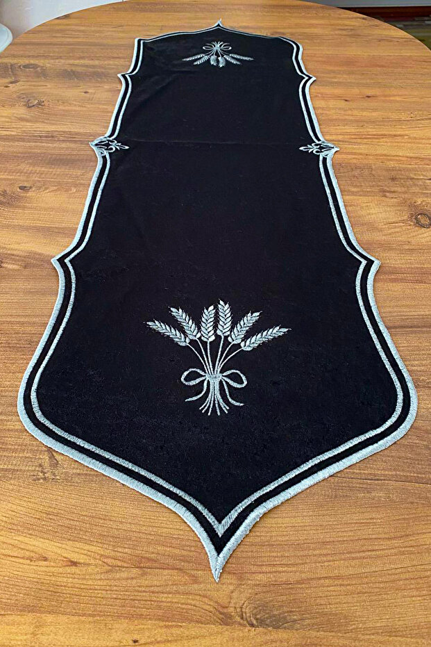 Başak Kadife Özel Nakışlı Runner-Siyah/Gri - 2