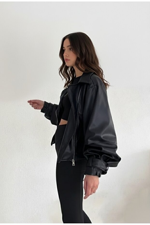 Balon Kol Siyah Deri Ceket - 2