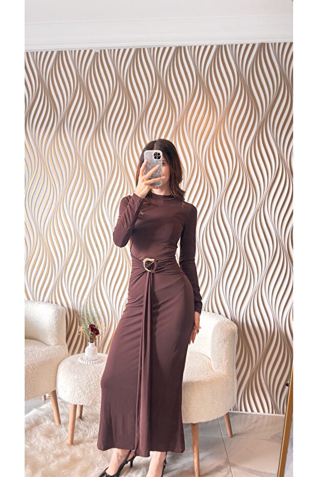 Önü Tokalı Bisiklet Yaka Elbise - 3