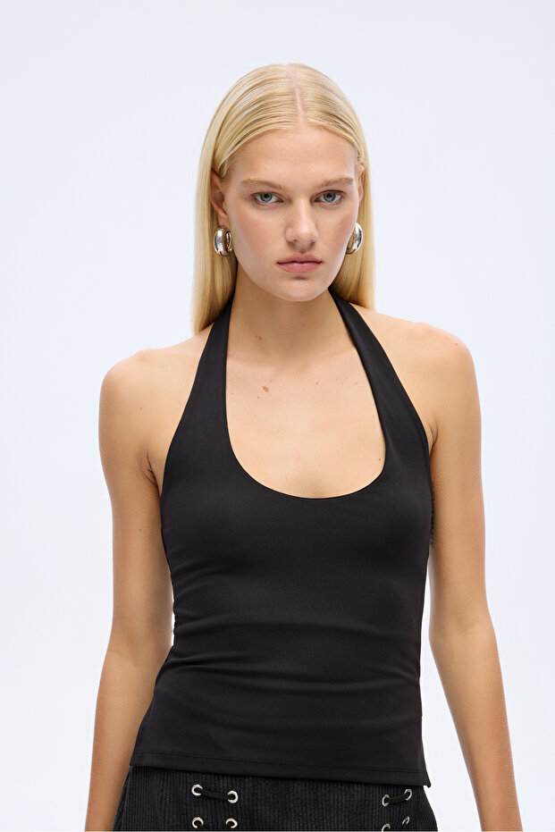 Sırt Dekolteli Halter Yaka Basic Atlet Siyah - 1