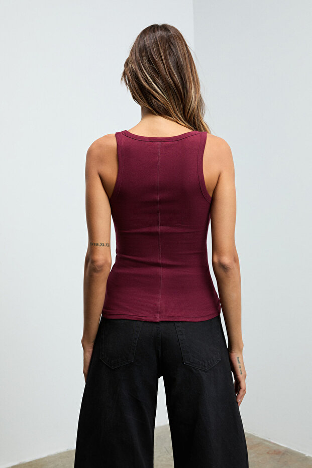 LILLESOL Kadın Fitilli Görünümlü Slim Fit Vücuda Oturan Havuz Yakalı Pamuklu Basic Bordo Bluz Atlet - 6