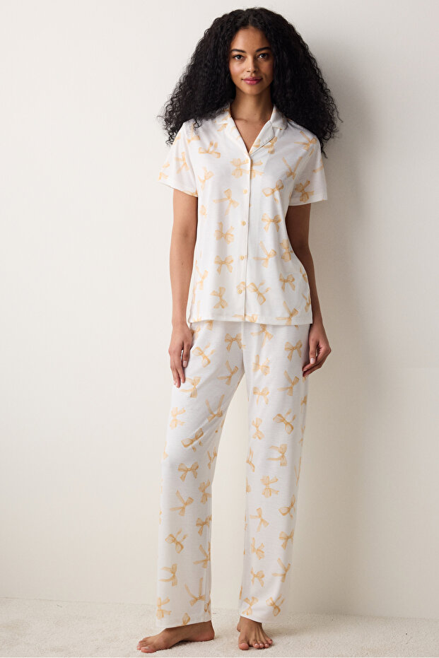 Yellow Bows Shirt Pants Light Yellow Pajama Set