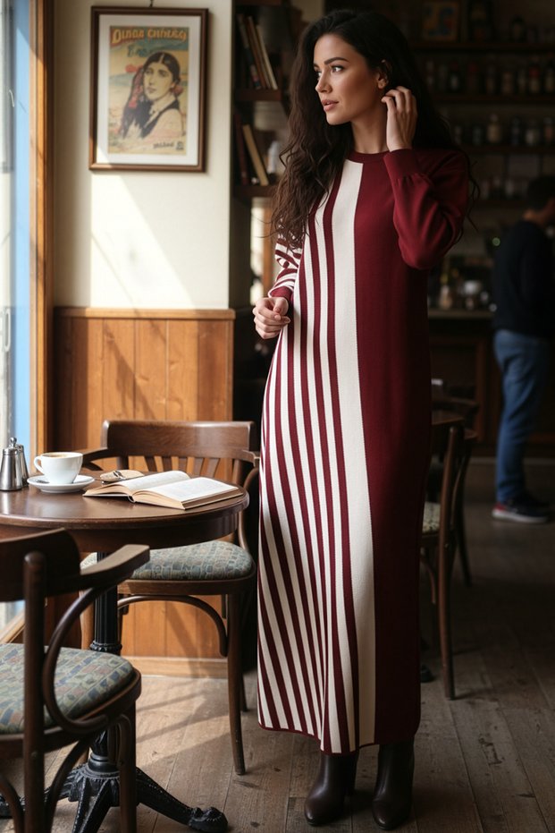 40875 - Stylish Comfortable Striped Knitwear Acrylic Full Length Women's Dress
