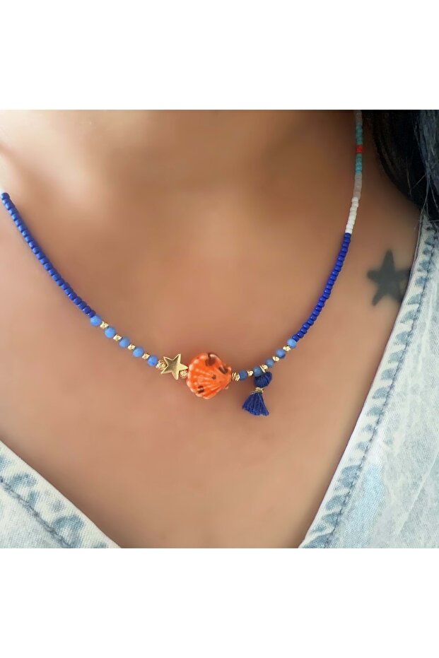 Blue Tassel, Middle Bead Necklace 40+3Cm-Gold Color Acr6071