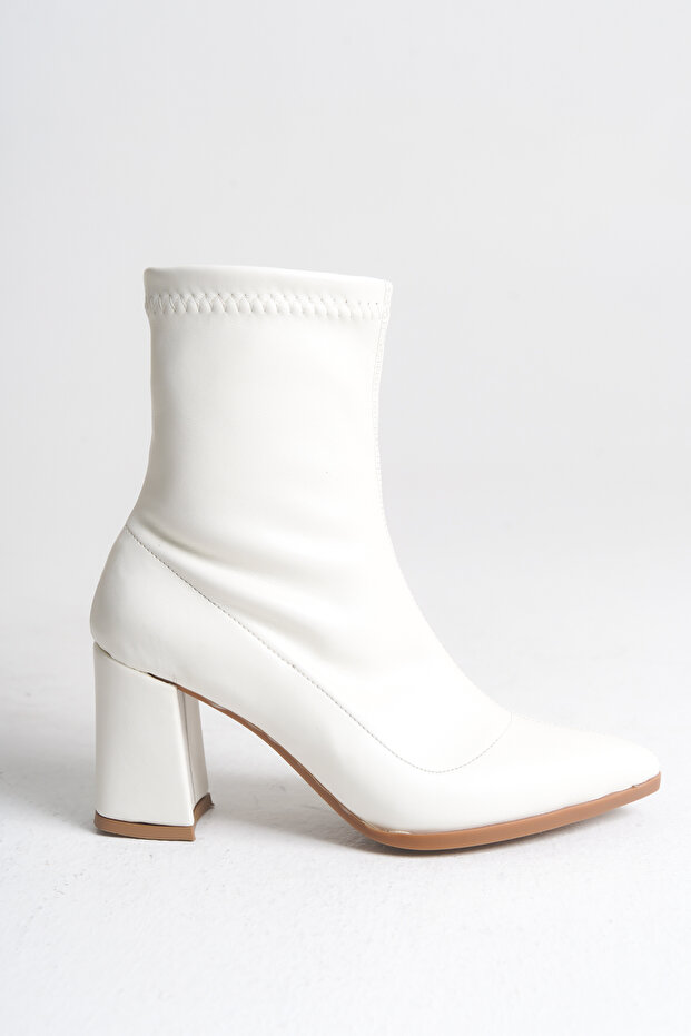 Beyaz Streç Bot Kalın Topuklu - 2