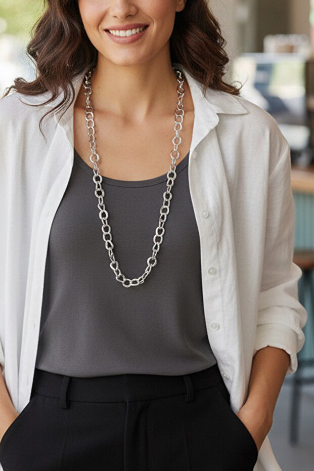 Pinkmark Women's Silver Long 75 cm Clip-Free Coated Necklace Pmkl25631