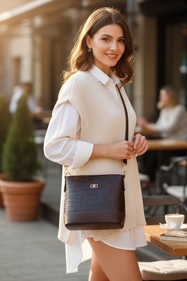 Crocodile Patterned Brown Bucket Model Crocodile Double Strap Women's Shoulder Bag